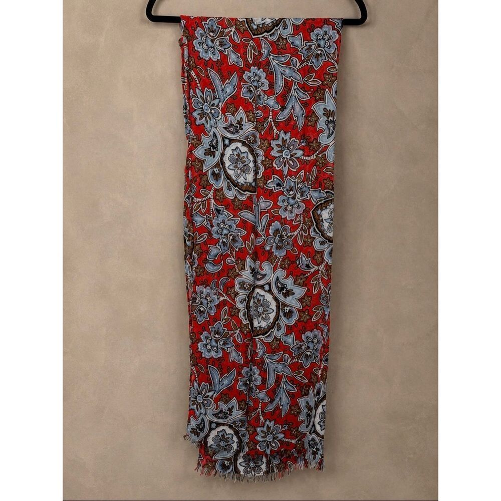 LOFT Floral Paisley Scarf Red Blue Lightweight Fringe Wrap Shawl 25.5x71